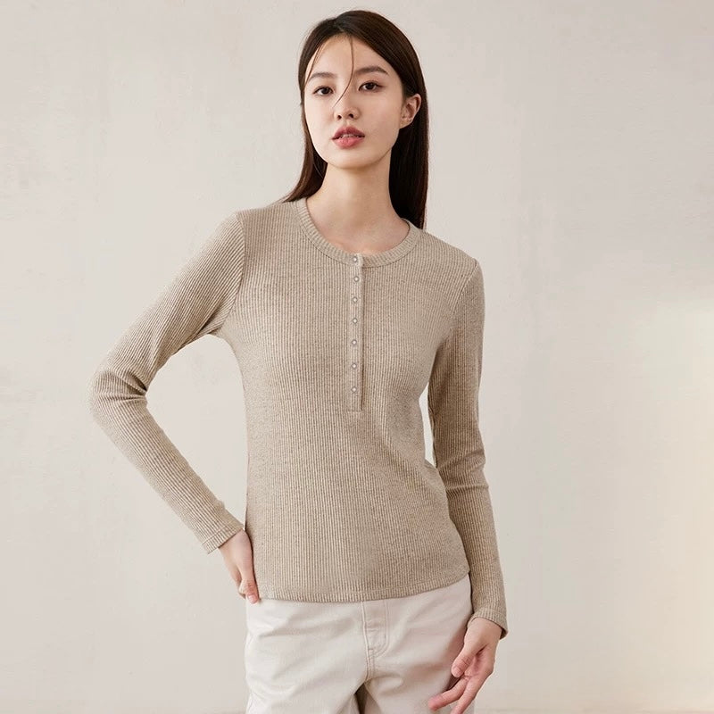 SILCREME Rib Knit Scoop Neck Maternity and Nursing Sweater Linen Beige