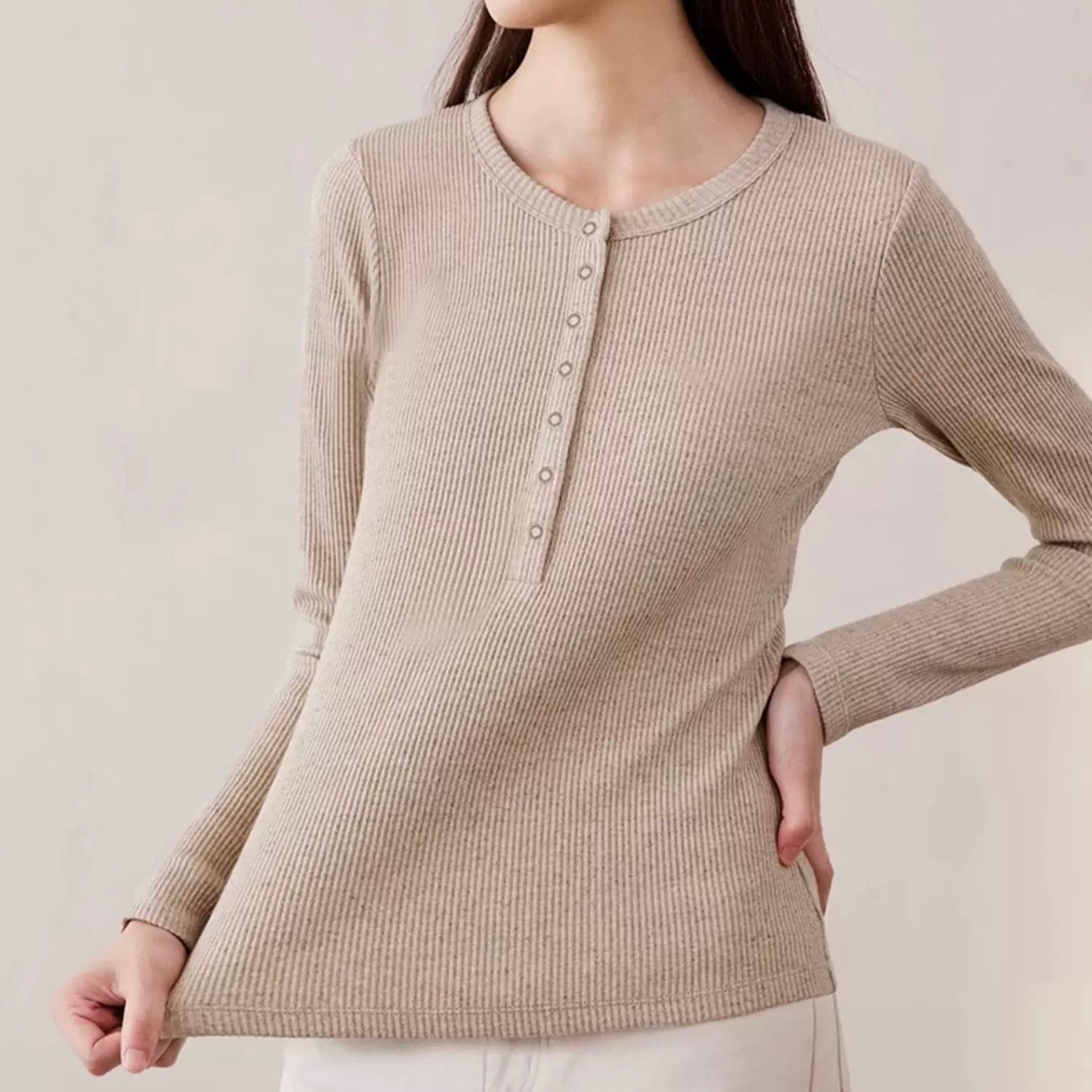 SILCREME Rib Knit Scoop Neck Maternity and Nursing Sweater Linen Beige